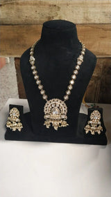 Polki Studded Long Necklace and Earrings Set in Brass
