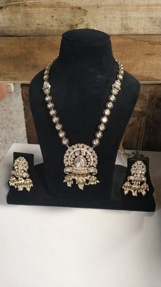 Polki Studded Long Necklace and Earrings Set in Brass