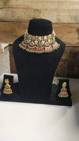 Rajwadi Kundan Necklace and Earrings Set in Brass