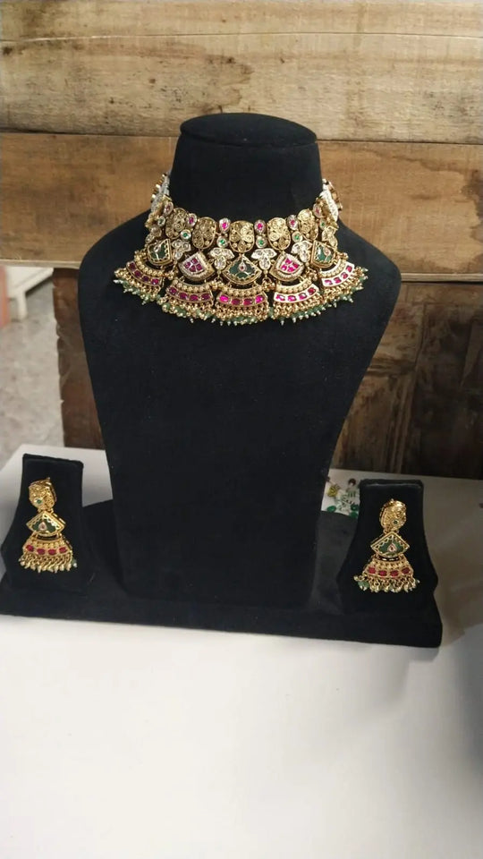 Rajwadi Kundan Necklace and Earrings Set in Brass