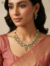 Leaf and Vine Stone Studded Brass Necklace and Earrings Set