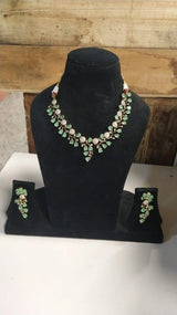 Leaf and Vine Stone Studded Brass Necklace and Earrings Set