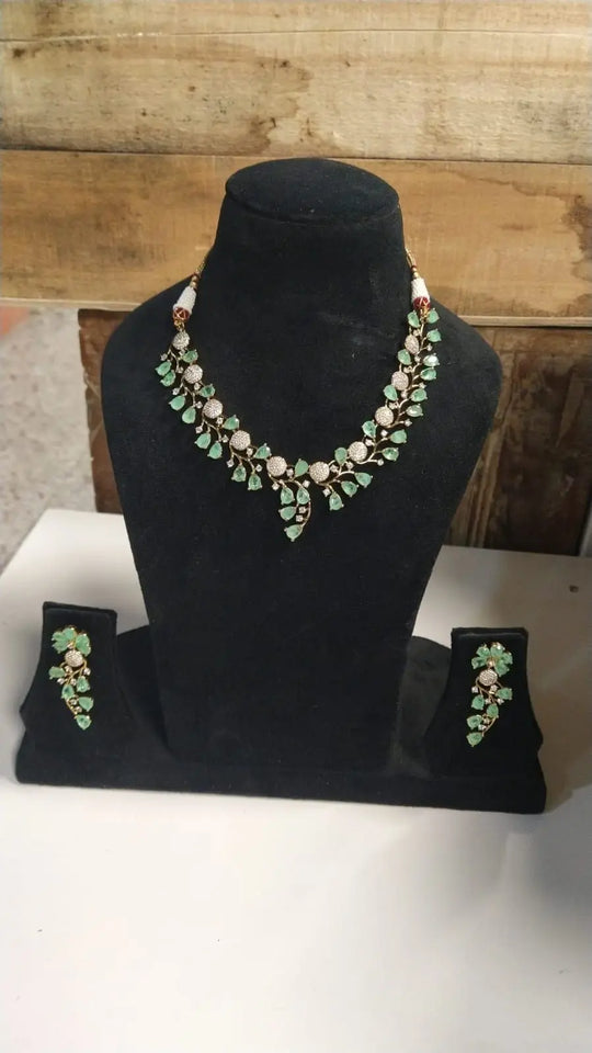 Leaf and Vine Stone Studded Brass Necklace and Earrings Set