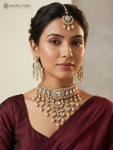 Polki Stone Studded Bridal Necklace Set with Maang Tikka