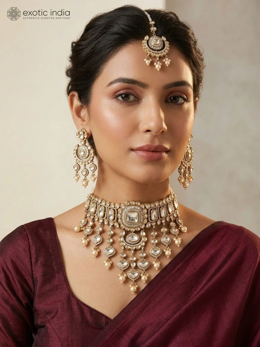 Polki Stone Studded Bridal Necklace Set with Maang Tikka