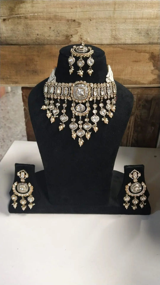 Polki Stone Studded Bridal Necklace Set with Maang Tikka