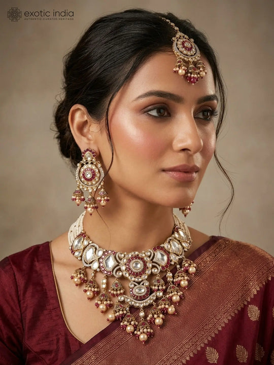 Red Kundan Floral Brass Necklace Set with Maang Tikka