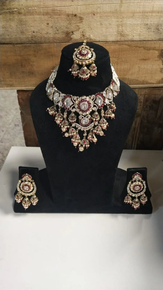 Red Kundan Floral Brass Necklace Set with Maang Tikka