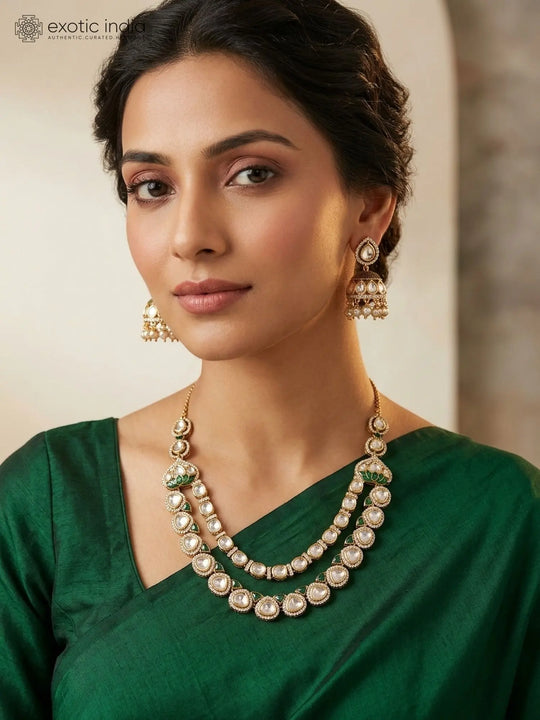 双 Layered Kundan Brass Necklace Set with Earrings