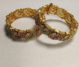Kundan Set Brass Bangles with Polished Floral Detailing
