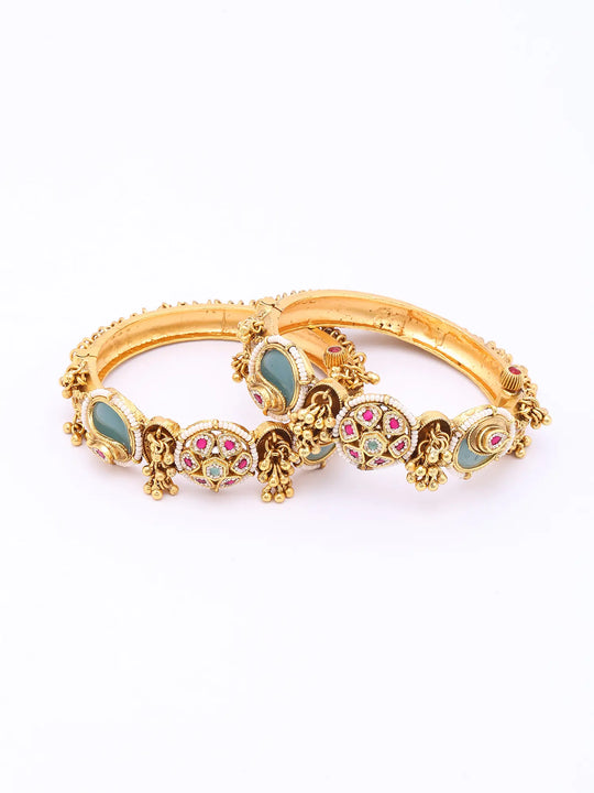 Kundan Set Brass Bangles with Floral Motif Detail