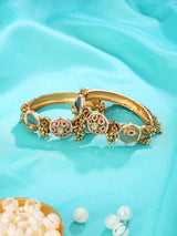 Kundan Set Brass Bangles with Floral Motif Detail