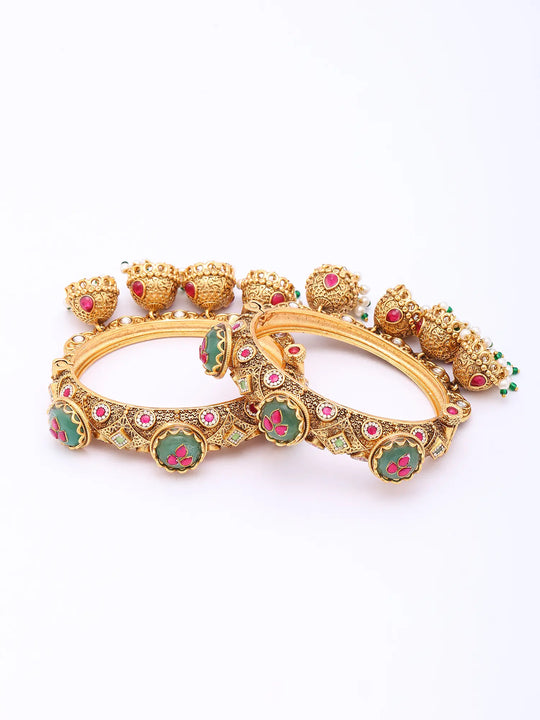 Kundan Meenakari Openable Bangles with Jhumka Drops