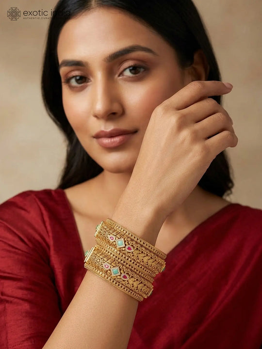 Kundan Set Brass Cuff Bangles (Pair)