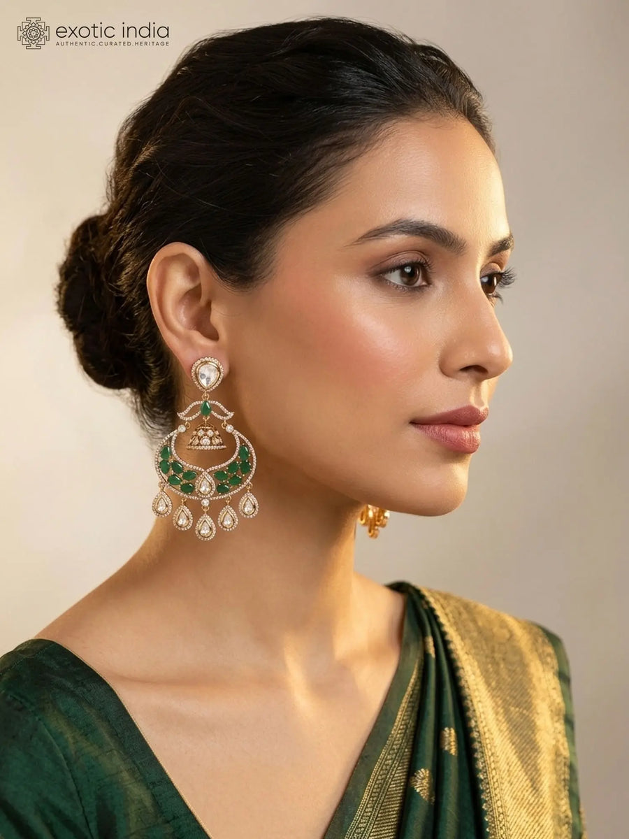 Green and Ruby Kundan Jhumka Earrings in Brass