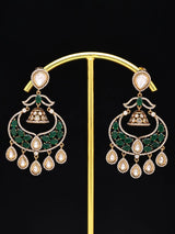Green and Ruby Kundan Jhumka Earrings in Brass