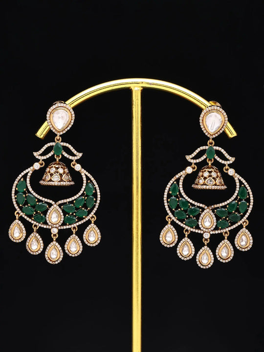 Green and Ruby Kundan Jhumka Earrings in Brass