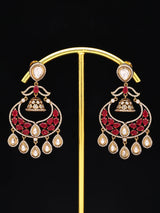Green and Ruby Kundan Jhumka Earrings in Brass