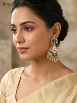 Floral Kundan Earrings with Green Teardrop Stone Drops