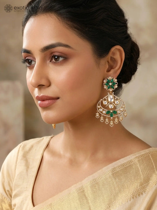 Floral Kundan Earrings with Green Teardrop Stone Drops