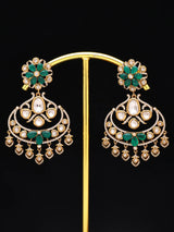 Floral Kundan Earrings with Green Teardrop Stone Drops