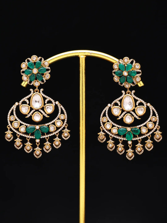 Floral Kundan Earrings with Green Teardrop Stone Drops