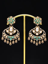 Floral Kundan Earrings with Green Teardrop Stone Drops
