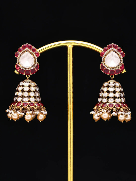 Kundan Jhumka Earrings with Ruby Stones and Pearl Drops