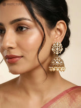 Kundan Jhumka Earrings with Pearl Drops in Brass