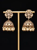 Kundan Jhumka Earrings with Pearl Drops in Brass