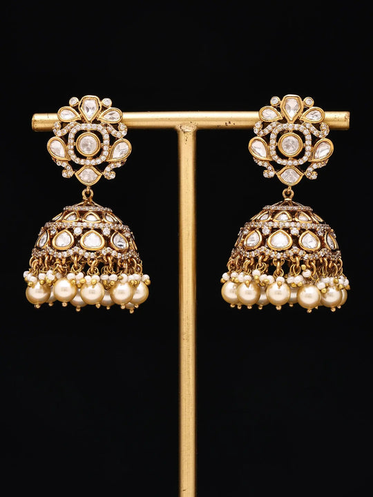 Kundan Jhumka Earrings with Pearl Drops in Brass