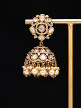 Kundan Jhumka Earrings with Pearl Drops in Brass