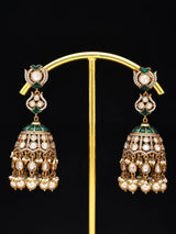 Green Kundan Jhumka Earrings with Pearl Beaded Drops