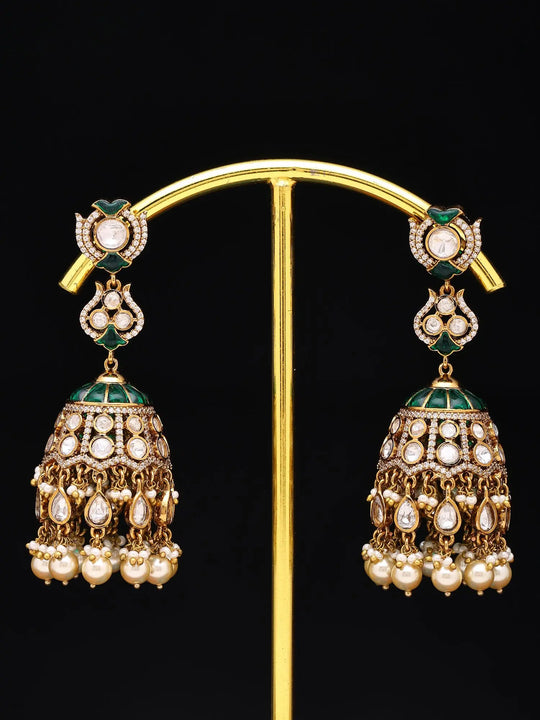 Green Kundan Jhumka Earrings with Pearl Beaded Drops