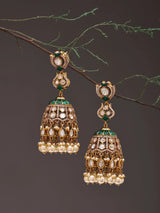 Green Kundan Jhumka Earrings with Pearl Beaded Drops