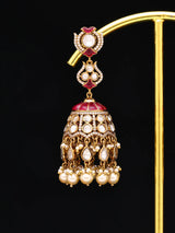 Green Kundan Jhumka Earrings with Pearl Beaded Drops