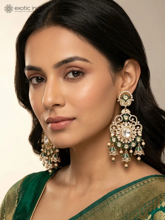 Floral Kundan Earrings with Stone Drops in Brass