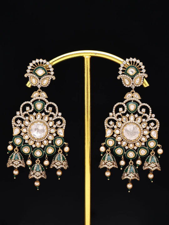 Floral Kundan Earrings with Stone Drops in Brass