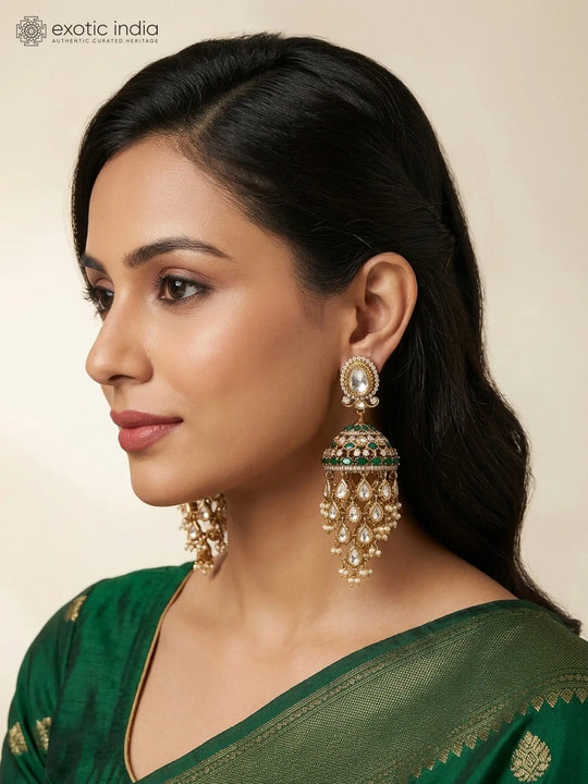 Green Kundan Jhumka Earrings with Meenakari and Pearl Drops