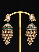 Green Kundan Jhumka Earrings with Meenakari and Pearl Drops