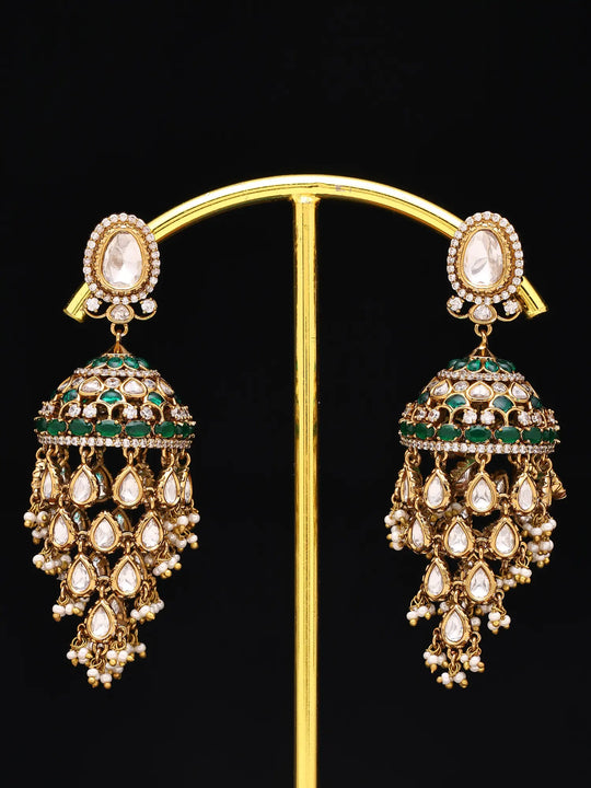 Green Kundan Jhumka Earrings with Meenakari and Pearl Drops