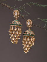 Green Kundan Jhumka Earrings with Meenakari and Pearl Drops