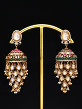 Green Kundan Jhumka Earrings with Meenakari and Pearl Drops