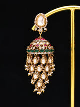 Green Kundan Jhumka Earrings with Meenakari and Pearl Drops