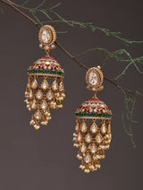 Green Kundan Jhumka Earrings with Meenakari and Pearl Drops