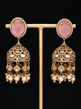 Pink Kundan Jhumka Earrings with Pearl Drops in Brass