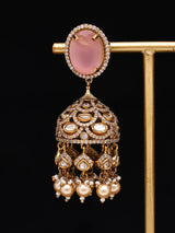Pink Kundan Jhumka Earrings with Pearl Drops in Brass