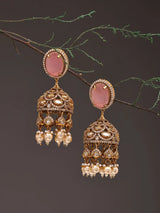 Pink Kundan Jhumka Earrings with Pearl Drops in Brass