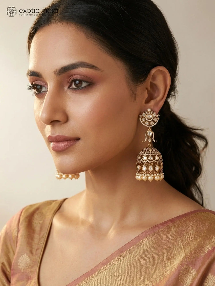 Kundan Chandbali Jhumka Earrings with Pearl Drops