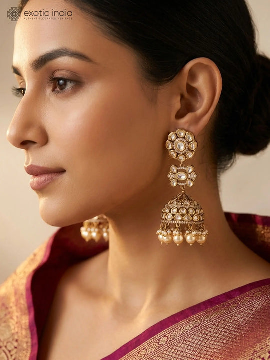 Kundan Floral Brass Earrings with Pearl Drop